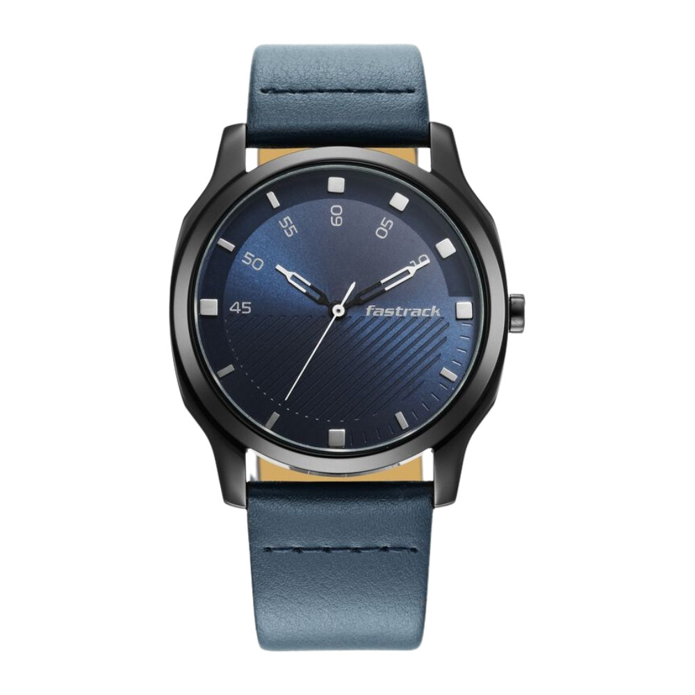 Fastrack Stunners Quartz Analog Blue Dial Leather Strap Watch for Guys NS3255NL03