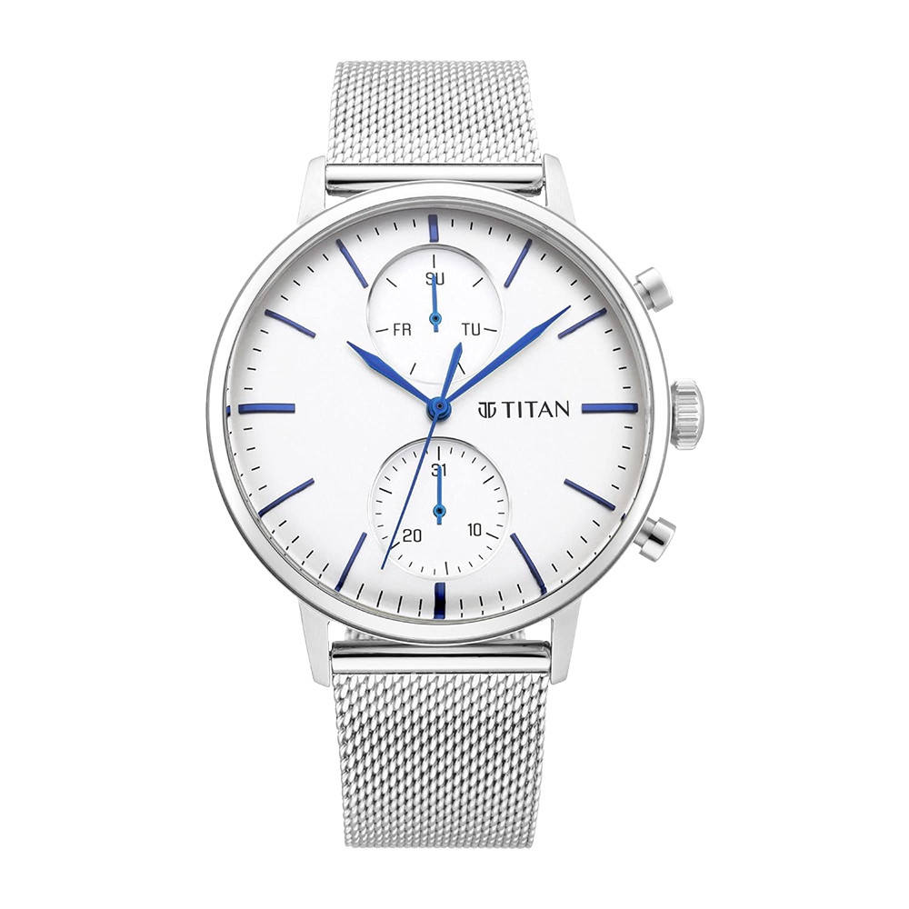 Titan Quartz Multifunction Silver Dial Stainless Steel Strap Watch for Men NR90135SM01