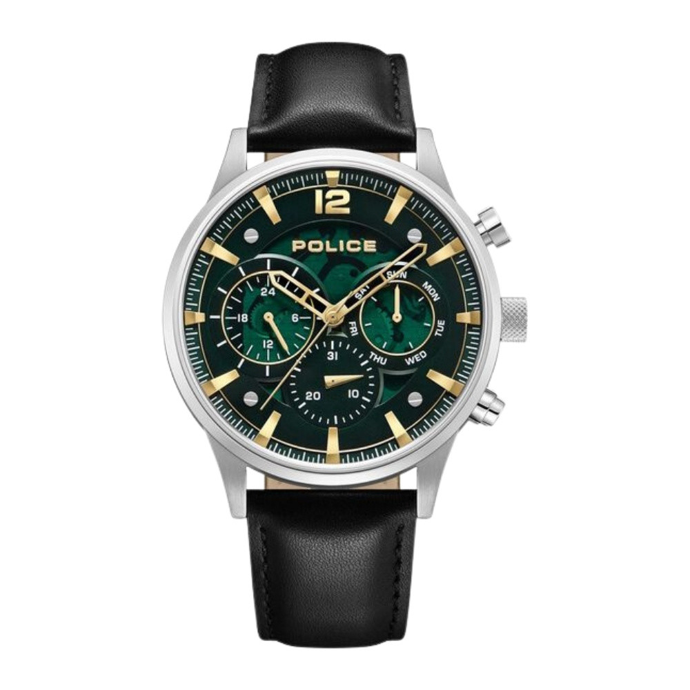 Police Quartz Multifunction Green Dial Black Leather Strap Watch For Men PLPEWGF0040201