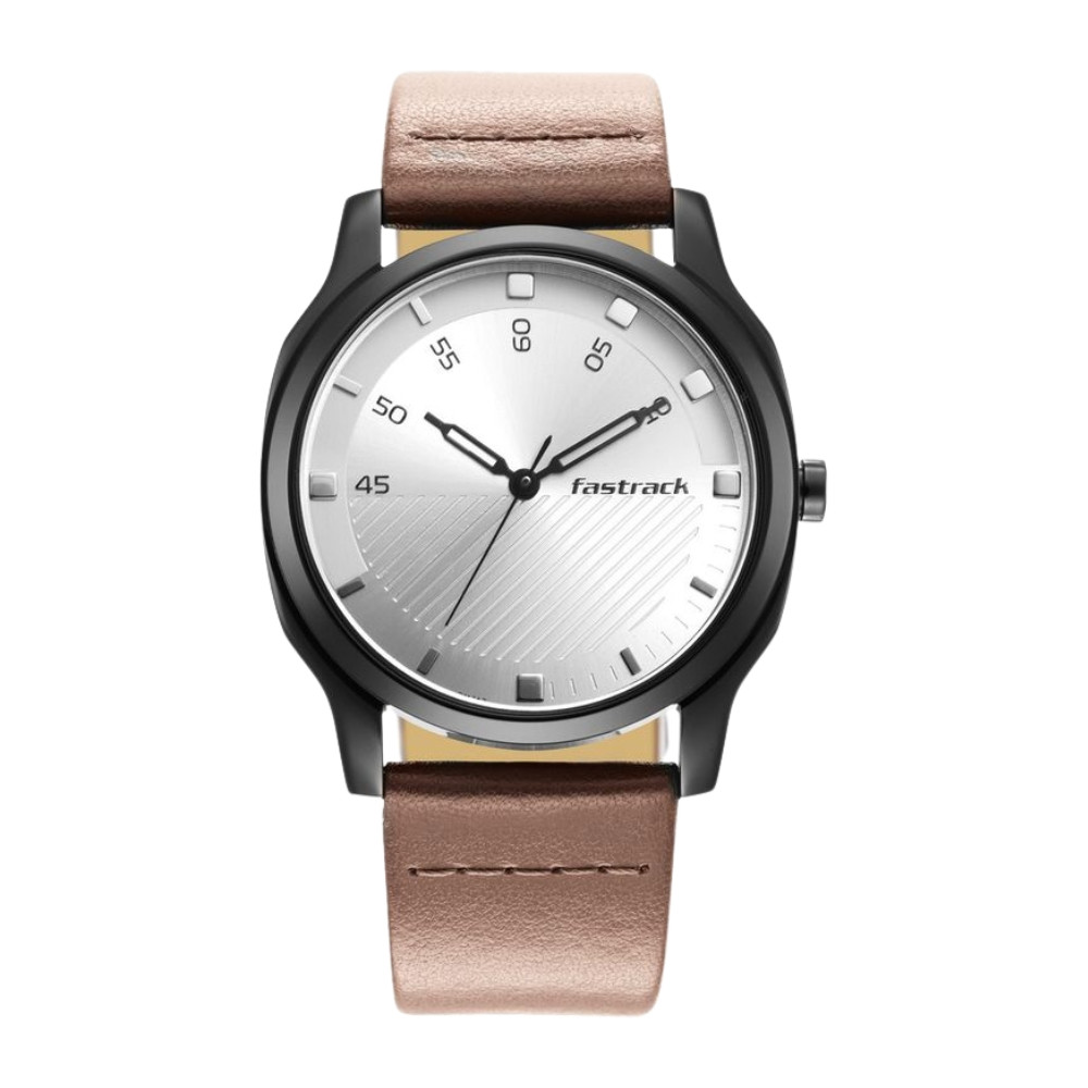 Fastrack Stunners Quartz Analog Silver Dial Leather Strap Watch for Guys NR3255NL02
