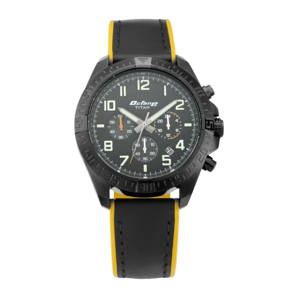 Titan Octane Hyper Lume Black Dial Chronograph Leather Strap watch for Men NP90112NP03