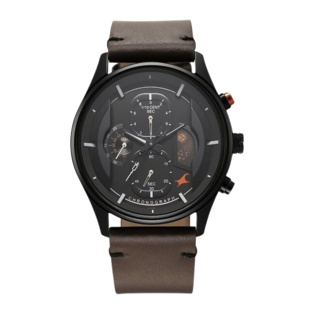 Fastrack Opulence Sun Moon Chronograph Black Dial Brown Leather Strap Analog Quartz Watch For Guys 3315KL03
