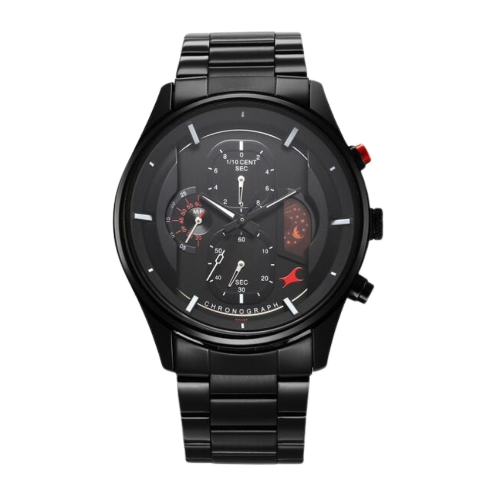 Fastrack Opulence Sun Moon Chronograph Black Dial Black Metal Strap Analog Quartz Watch For Guys 3315KM01