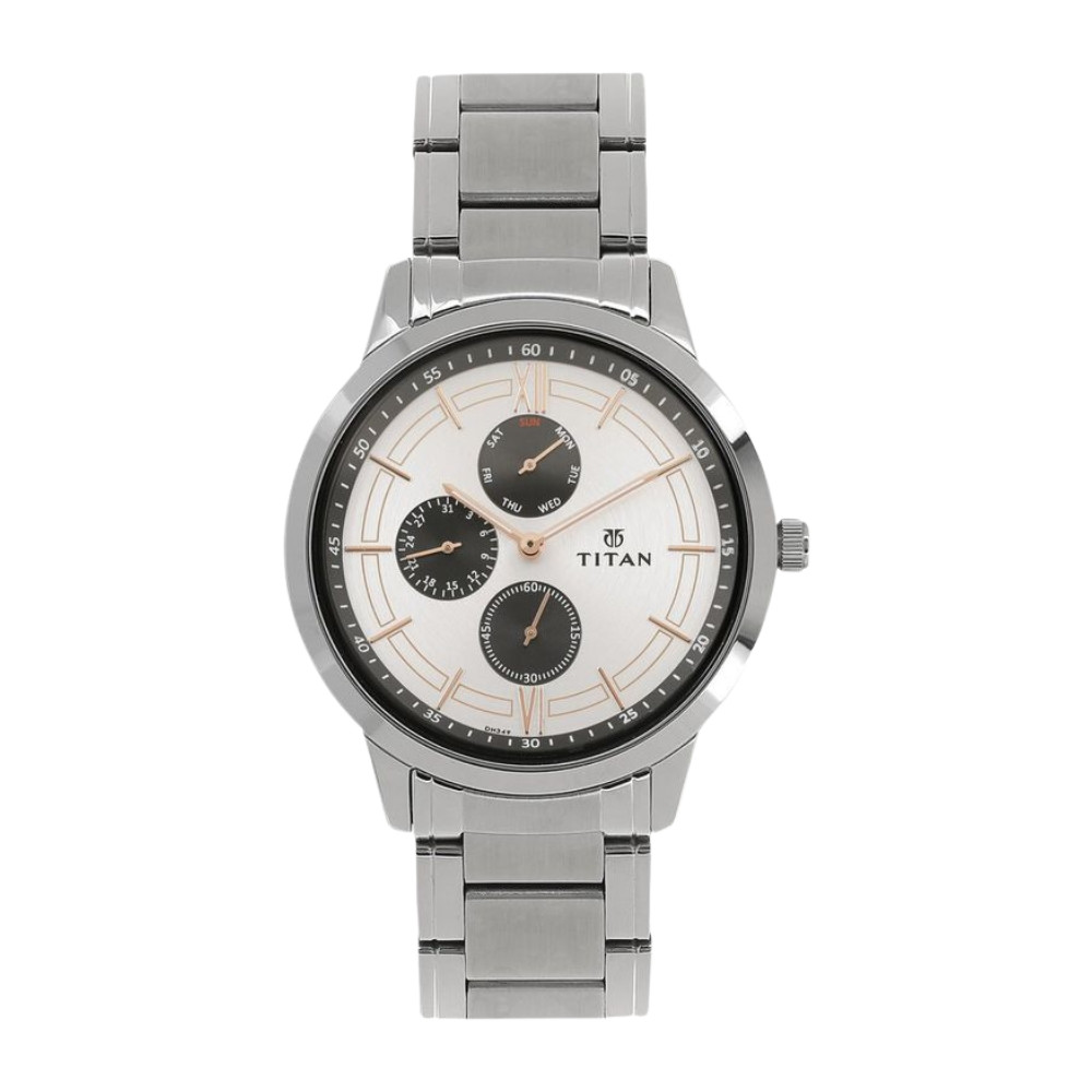 Titan Workwear White Dial Quartz Multifunction Stainless Steel Strap watch for Men NR1769SM02