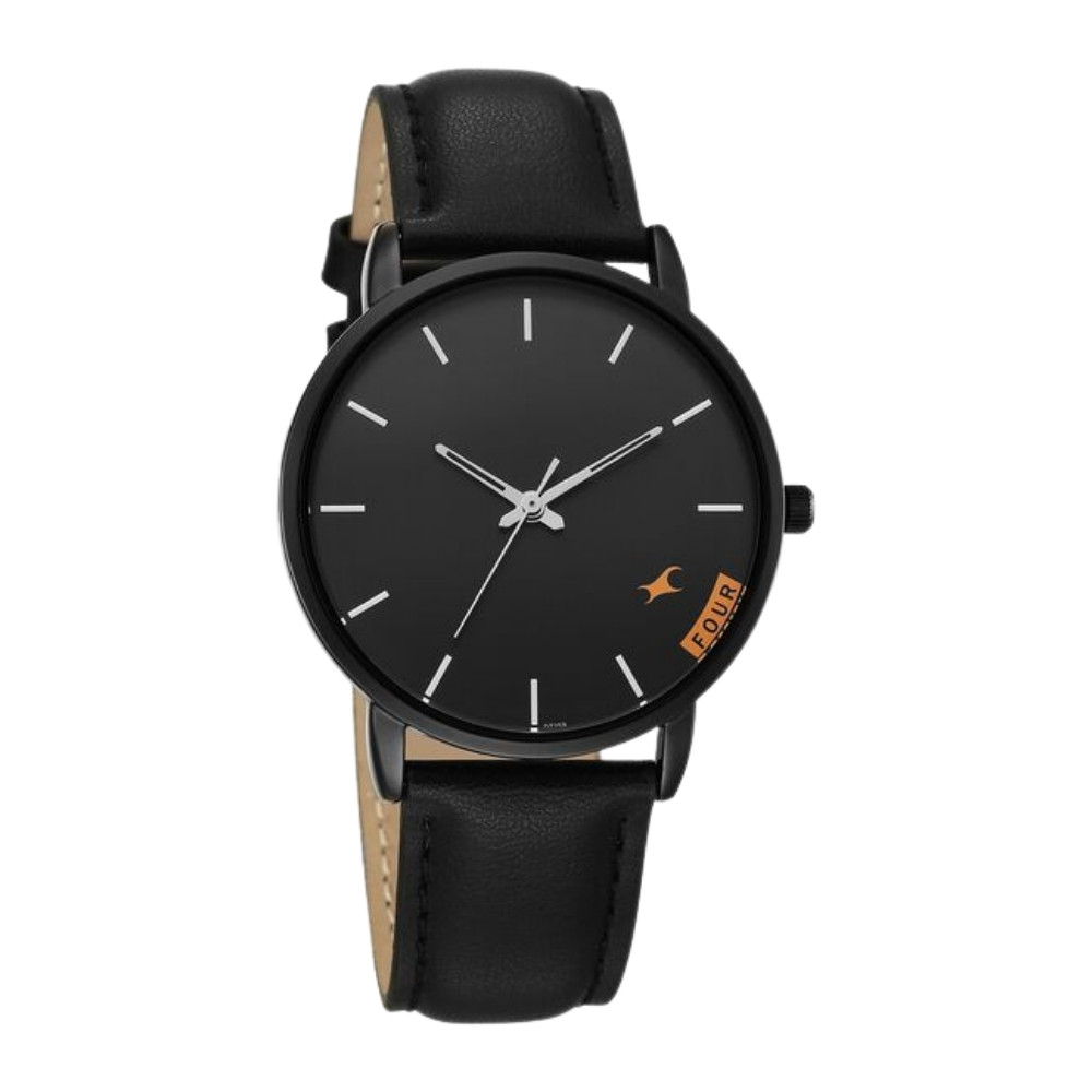Fastrack Stunners Quartz Analog Black Dial Black Leather Strap Watch For Guys 38159NL03