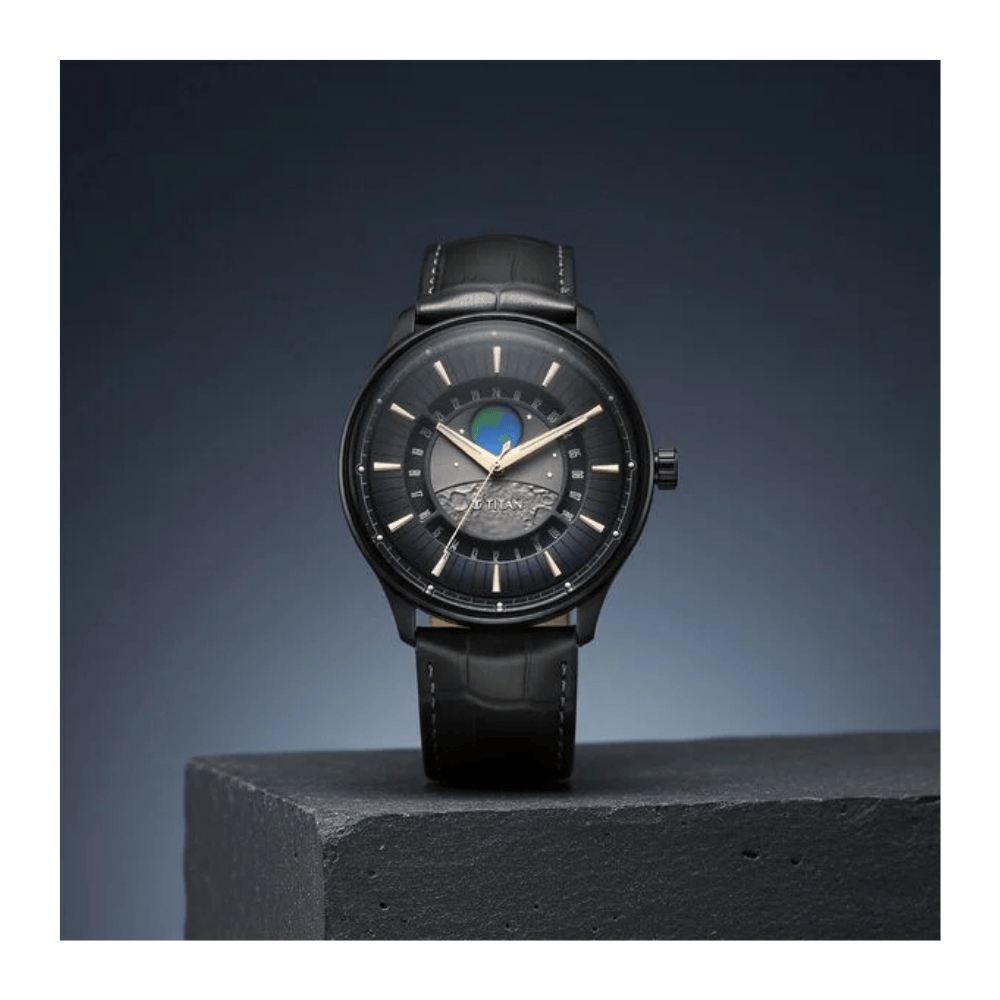 Titan Stellar Analog with Earth Disc and Gray Dial Gray Leather Strap Watch for Men 1890NL01